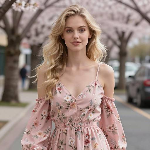 Woman in Pink Floral Dress by Cherry Blossoms