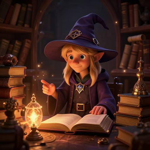 Digital artwork of a blonde, wide-eyed fairy-like witch with a blue hat, reading a spellbook in a dimly lit, book-filled library.