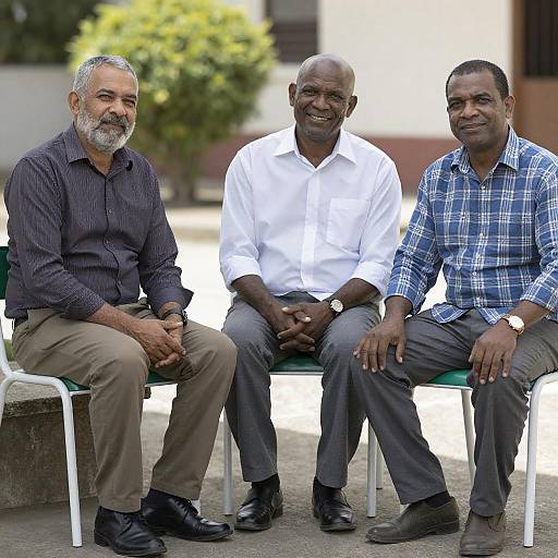 Three Middle-Aged Men Sitting Outdoors