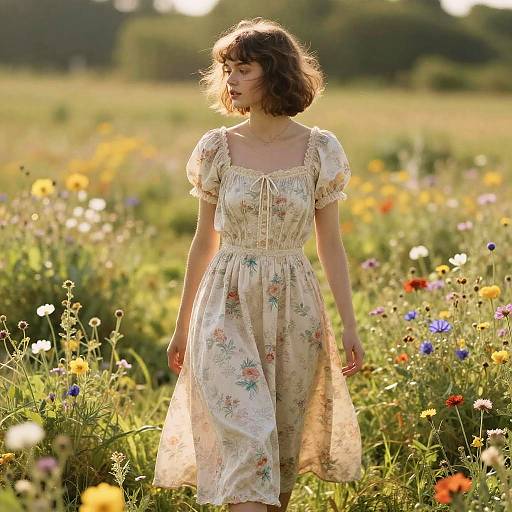 Photograph of a young woman with curly brown hair in a floral, puffed-sleeve dress walking through a sunlit, colorful meadow.