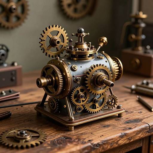 Photograph of a detailed, brass, steampunk-style machine with interlocking gears, on a wooden table in a dimly lit workshop.