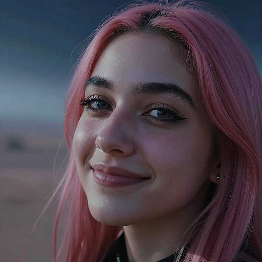 Photograph of a young woman with pink hair, dark eyebrows, long eyelashes, and a subtle smile, set against a twilight blue sky.