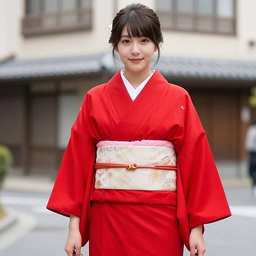 Photograph of a young Asian woman with black hair in a red traditional Japanese kimono, white obi belt, standing outdoors in front of a traditional