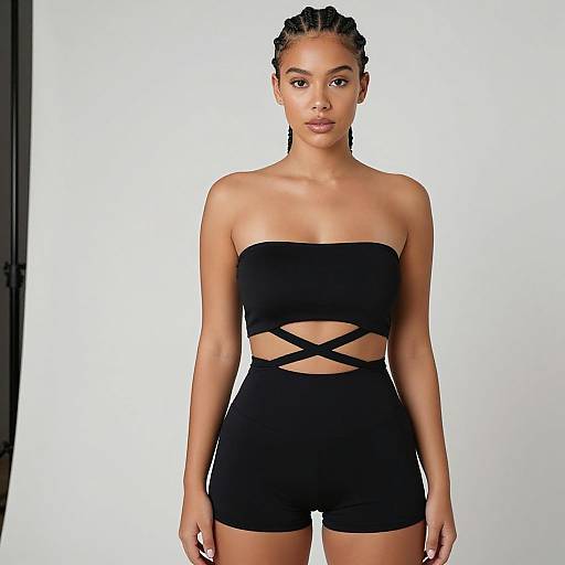 Photograph of a young Black woman with braided hair, wearing a black strapless crop top with crisscrossed waistband and black high-w