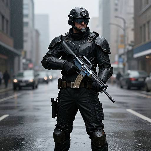 Photorealistic image of a bearded, muscular male soldier in black tactical armor and helmet, holding a rifle, standing on a wet, foggy