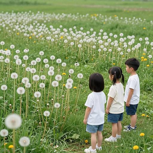 Photograph of three Asian children in white shirts and denim shorts, standing in a lush green field with white dandelions and yellow flowers, looking ahead