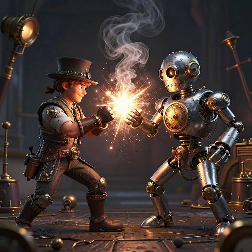 Photograph-style CGI: A steampunk human in black leather gear and hat sparks electricity with a metallic robot in a dimly lit industrial workshop.