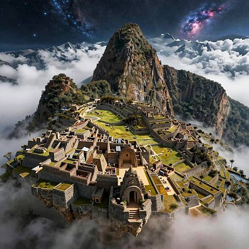 Photorealistic CGI of Machu Picchu, perched on a mountain peak, surrounded by clouds, with a vibrant, star-studded night sky