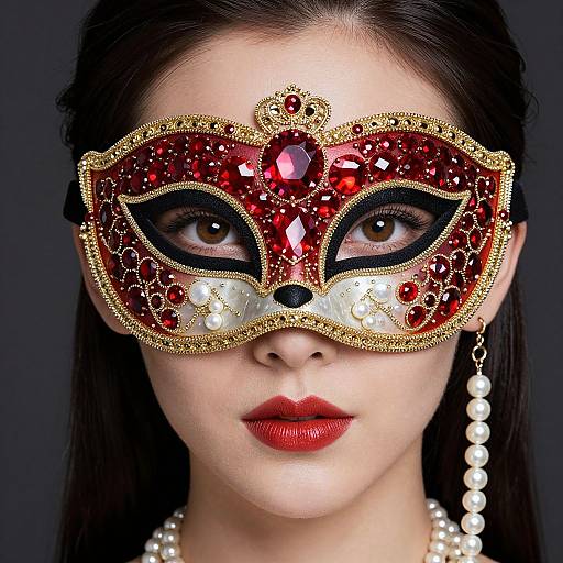 Photograph of a woman with fair skin, dark straight hair, wearing a red and gold ornate masquerade mask with black eye detailing, red