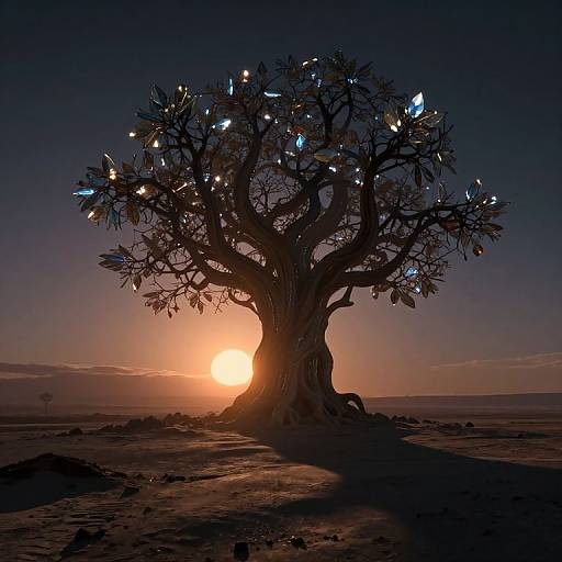 Silhouetted, glowing tree with blue and yellow lights against a setting orange sun in a desert landscape. Digital artwork.