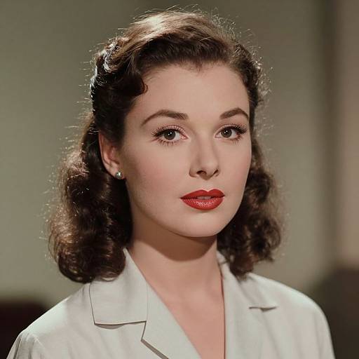 Photograph of a 1940s-style woman with fair skin, dark wavy hair, red lipstick, and pearl earrings, wearing a white blouse