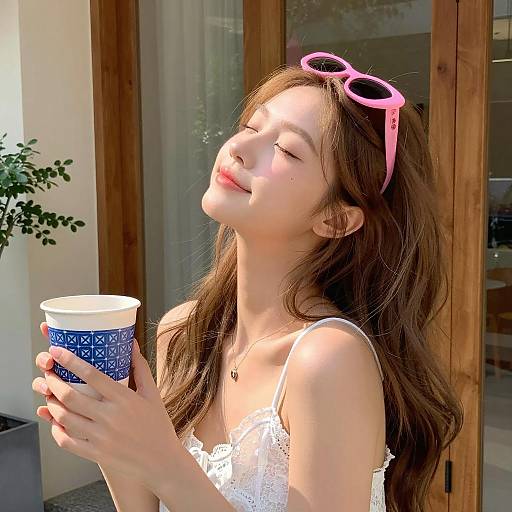 Sunlit Woman with Lace and Coffee