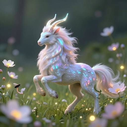 Digital artwork of a shimmering, ethereal white unicorn with rainbow-hued fur, rearing in a magical meadow of glowing flowers.