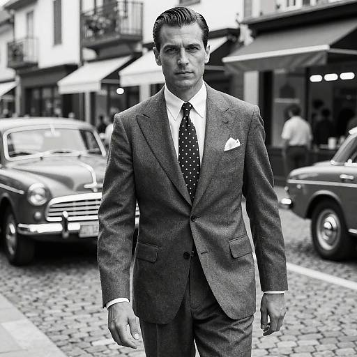 Black-and-white photograph of a handsome man in a sharp, dark gray suit, white shirt, polka-dot tie, standing on a cobblestone