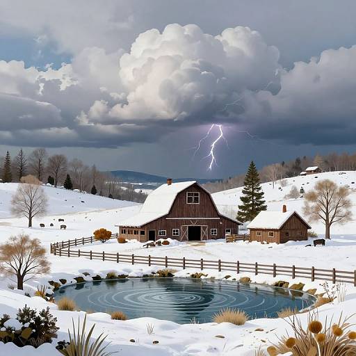 Digital painting of a snow-covered barn with a striking lightning bolt in a cloudy sky, surrounded by a frozen pond and snow-laden trees.