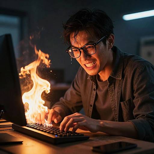Photograph of a smiling Asian man with glasses, wet hair, and a dark shirt, typing on a laptop with a flame on it, illuminated by