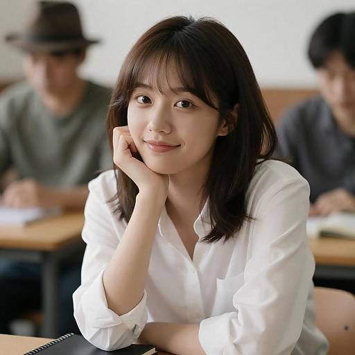 Young Woman Resting Chin, Slight Smile