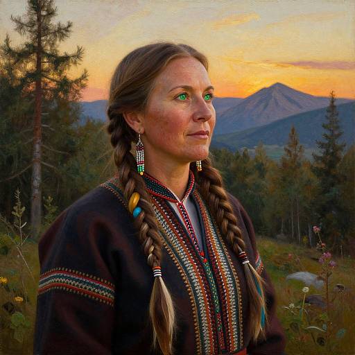 Photograph of a fair-skinned woman with braided brown hair, wearing a colorful Native American-style dress, standing in a forest at sunset with a
