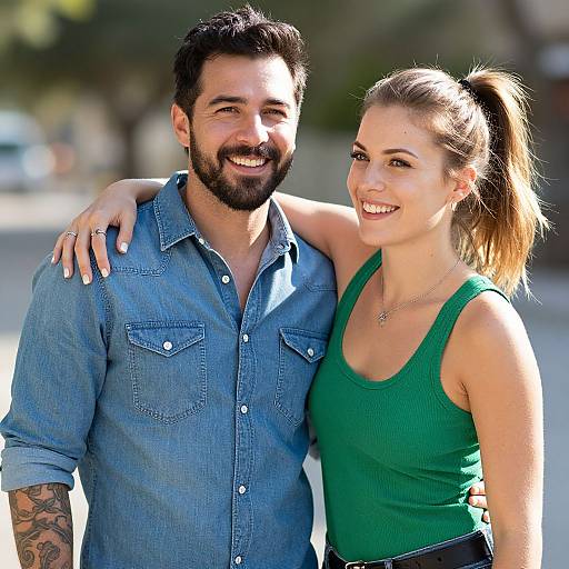 Photograph of a smiling bearded man in a blue denim shirt with tattooed arm, and a smiling woman in a green tank top, standing outdoors