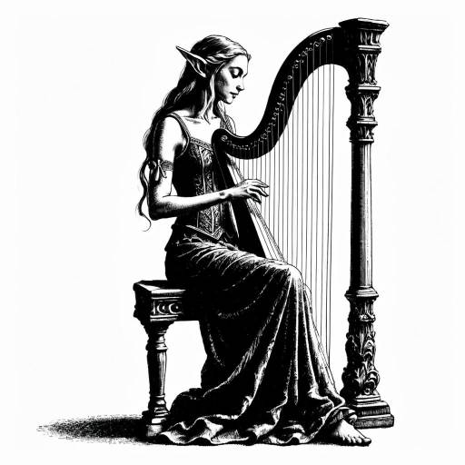 Ink Drawing of Serene Elf Playing Harp