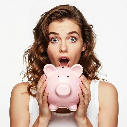 Photograph of a surprised woman with wavy brown hair, wide blue eyes, and open mouth, holding a pink piggy bank against a white background