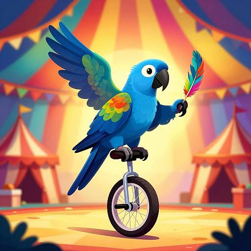 Vibrant digital illustration of a blue parrot with colorful wings and tail feathers riding a unicycle, holding a rainbow feather, in a circus tent