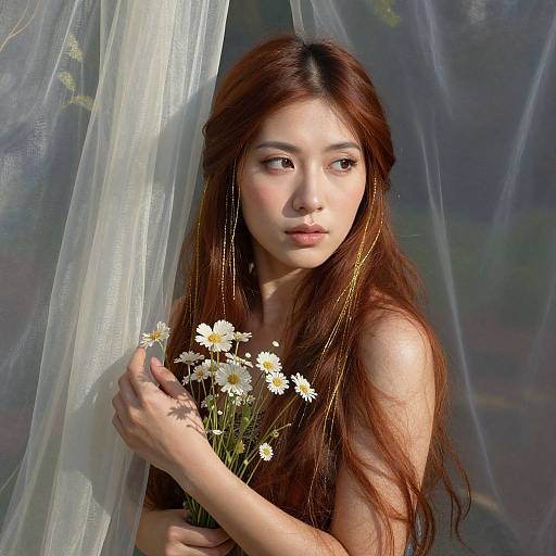 Photograph of an Asian woman with long, auburn hair holding daisies, standing in soft, sunlit fabric, gazing to the