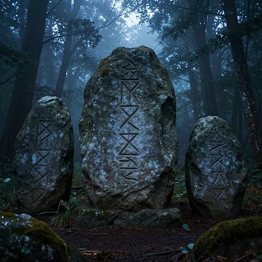 Ancient Rune Stones in Foggy Forest