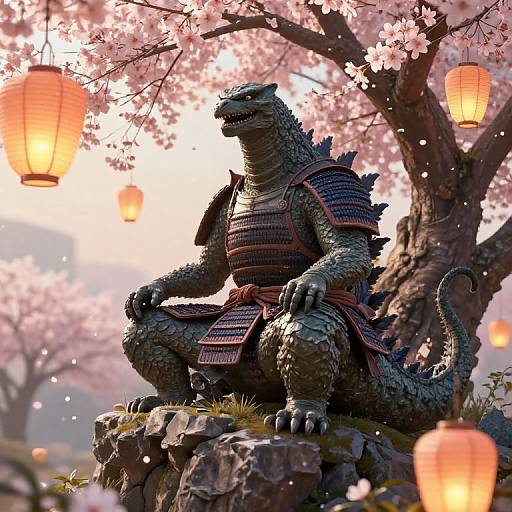 CGI image of a armored Godzilla sitting on a rock beneath cherry blossom trees with glowing lanterns in the background.
