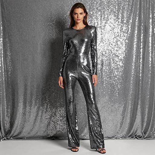 Woman in Silver Sequin Jumpsuit