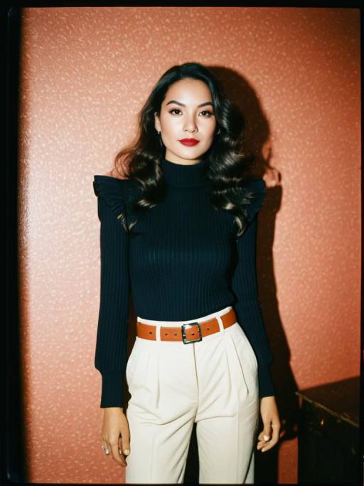 Stylish Woman in Black Ribbed Sweater and Cream Trousers