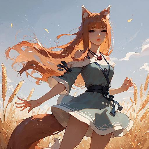 Anime Wolf Girl in Wheat Field