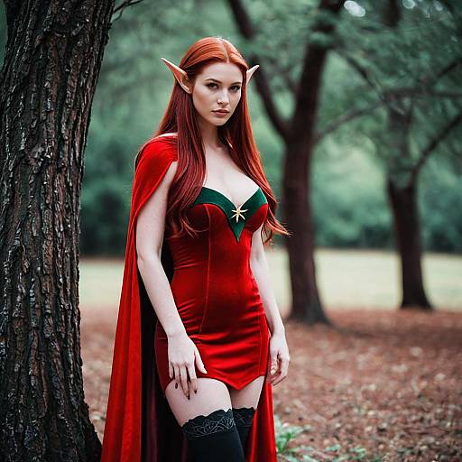 Woman in Red Elf Costume Outdoors