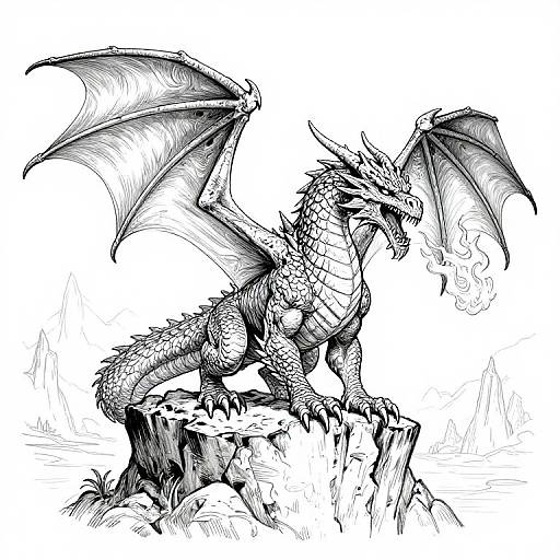 Detailed black-and-white ink drawing of a fierce, roaring dragon with large wings, scales, and sharp claws perched on a rocky outcrop.