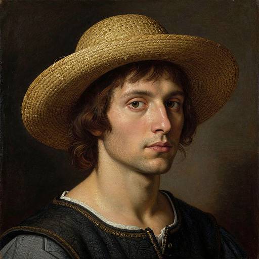 Photorealistic portrait of a young Caucasian man with medium-length brown hair, wearing a straw hat and dark medieval-style shirt, against a dark background.