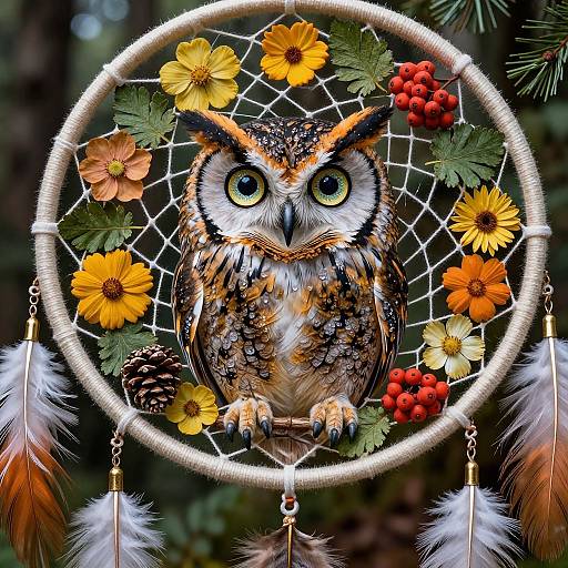 Digital art of a detailed, colorful owl dreamcatcher with vibrant flowers, red berries, and feathers, set against a blurred forest background.