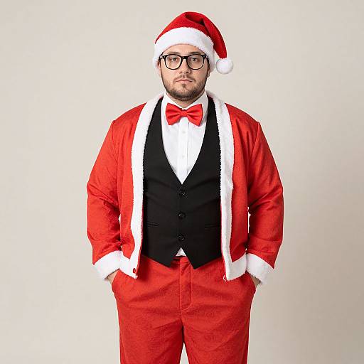 Photograph of a bearded man with glasses, wearing a Santa hat, red velvet jacket, black vest, white shirt, red bowtie, and
