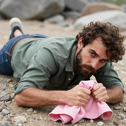 Man in Green Shirt Among Rocks