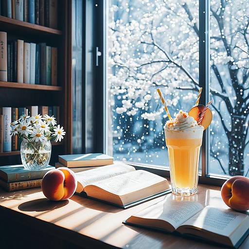 Peach Drink with Books by Window