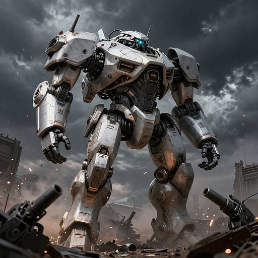 Digital artwork of a towering, silver, futuristic mecha robot with glowing blue eyes, standing amidst a war-torn, smoke-filled cityscape with scattered