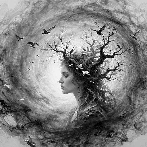 Monochrome digital artwork of a serene woman with flowing hair blending into a twisted tree, surrounded by swirling clouds and birds.