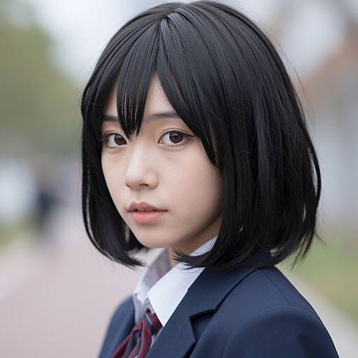 Photograph of an East Asian teenage girl with straight black hair, wearing a black school uniform with a white shirt and red tie, standing outdoors with a