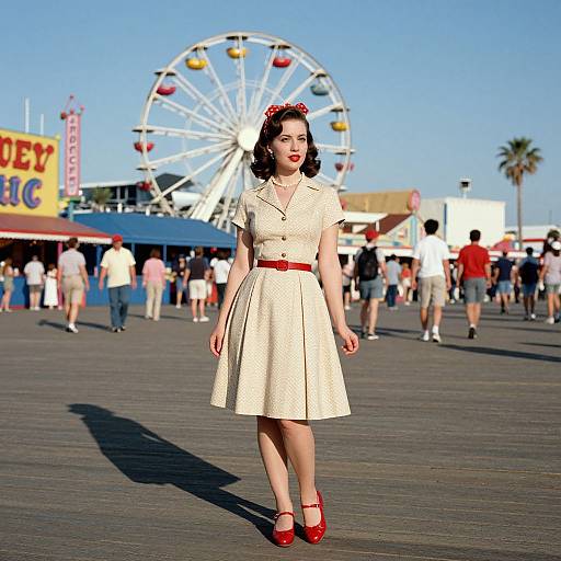 Vintage-style photograph of a fairground, featuring a curvy, fair-skinned woman with dark hair, red lipstick, white polka-dot dress,