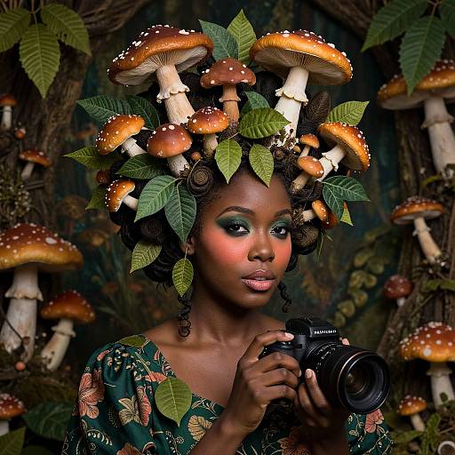 Photograph of a dark-skinned woman with mushroom and leaf headdress, wearing a floral green dress, holding a camera, surrounded by giant mushrooms in