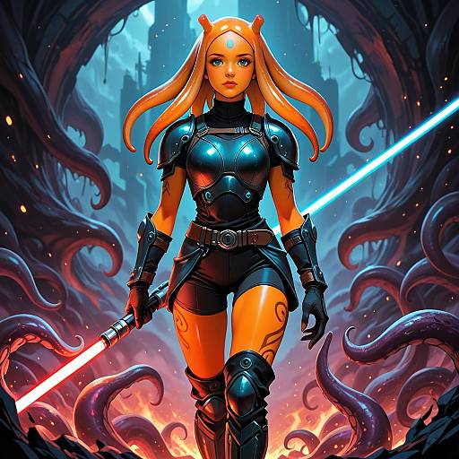 Digital art of a blonde woman with horns, wearing black armor and shorts, holding a red lightsaber, in a dark, tentacled cave.
