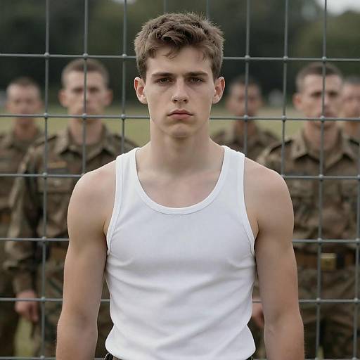 Young Man Behind Wire Fence, Military