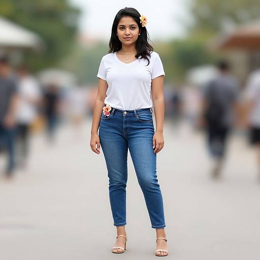 Photograph of an Indian woman with medium brown skin, long black hair, white blouse, blue jeans, and beige sandals, standing confidently on a blurred