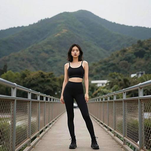 Photograph of an Asian woman with black hair, wearing a black sports bra and high-waisted leggings, standing on a bridge with mountainous forest