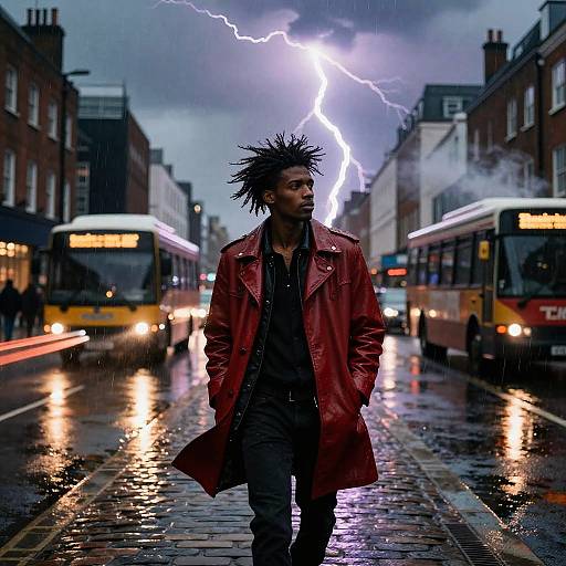 Photograph of a man with spiky hair, red leather coat, standing in a rain-soaked street, with lightning illuminating the stormy,