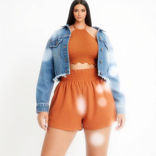 Photograph of a confident woman with long black hair, wearing a blue denim jacket, orange crop top, and high-waisted orange shorts, standing